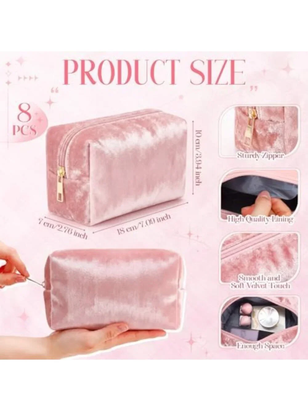 8 Pcs Velvet Bridesmaid Proposal Gift Set - Pink Cosmetic Bags for Wedding Party
